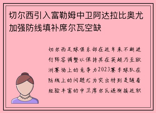 切尔西引入富勒姆中卫阿达拉比奥尤加强防线填补席尔瓦空缺 切尔西引入富勒姆中卫阿达拉比奥尤加强防线填补席尔瓦空缺
