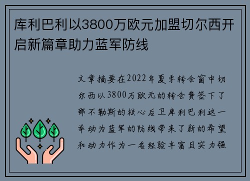 库利巴利以3800万欧元加盟切尔西开启新篇章助力蓝军防线 库利巴利以3800万欧元加盟切尔西开启新篇章助力蓝军防线