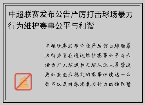 中超联赛发布公告严厉打击球场暴力行为维护赛事公平与和谐