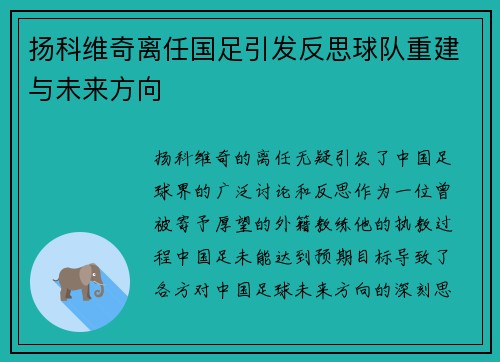 扬科维奇离任国足引发反思球队重建与未来方向